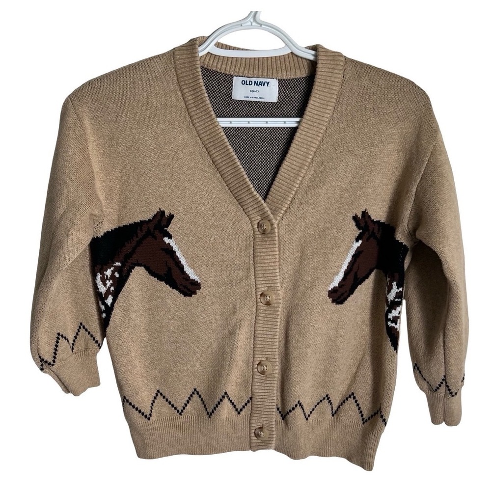 Old Navy Girls Tan Horse Intarsia Prep Cardigan Sweater S 6-7 Cotton V-Neck